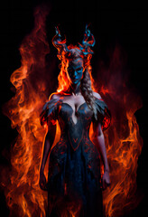 Devil Woman. Ghost standing in flames.  Generative AI.