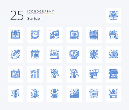 Startup 25 Blue Color icon pack including chart. ppc. images. per. click