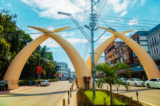 Mombasa,Kenya Africa. 19.10.2019 Symbolic "Tusks" in city center Mombasa.The tusks were built to commemorate the visit of Queen Elizabeth to the town in 1952.