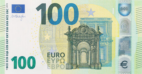European Union's 100 Euro. Isolated image of bill front side, with a face value of one hundred euros. Close-up
