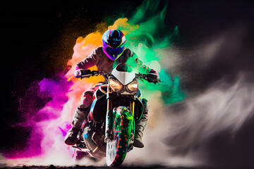 Obraz na płótnie Canvas Man riding a motorcycle with splashes of paint. Moto racer. Generative AI.