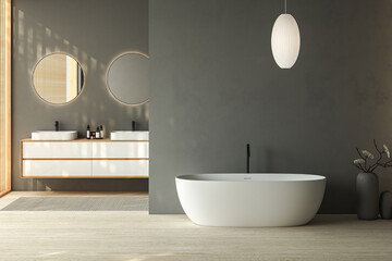 Obraz na płótnie Canvas Modern gray bathroom interior with double sinks and oval mirrors, bathtub, dry plants in vase, carpet on granite floor. Bathing accessories and window in hotel studio. 3D rendering