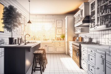 Architectural Rough Exploration Drawing of a Custom Kitchen Interior - Generative AI.