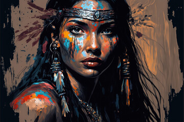 A beautiful native american Indian woman art painting, digital art, unique, beautiful woman in the desert, headdress,generative ai - obrazy, fototapety, plakaty
