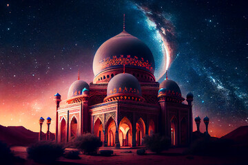 Fototapeta premium Mosque building. Night blue view of starry sky. Muslim Celebration. Generative AI.