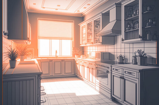 Architectural Rough Exploration Drawing of a Custom Kitchen Interior - Generative AI.