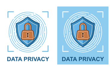 Shield data privacy protection, cyber security, fingerprint scan person identification icon. Confidential private information protect. Mobile finger touch recognition. Safety online connection. Vector