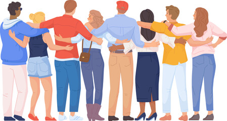 Friends standing together rear view. People unity