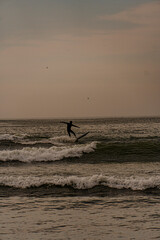 Fototapeta premium surfer on the beach under a beautiful sunset in front of the pier with big sea waves