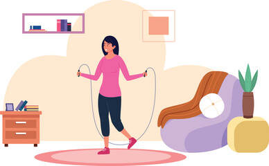 Woman jumping with skipping rope at home. Home workout