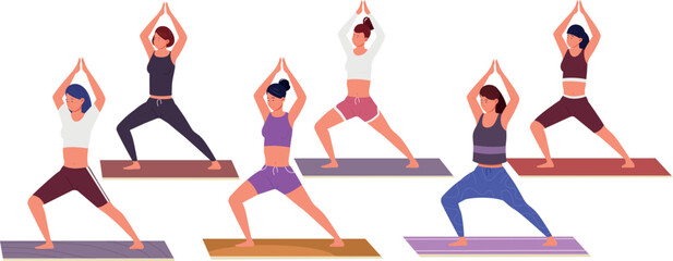 Aerobics class. Women training yoga pose and stretching