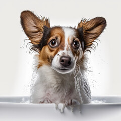 Funny illustration of surprised dog bathing, splashes of water around. White background. Generative AI