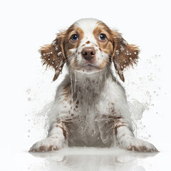 Funny illustration of surprised dog bathing, splashes of water around. White background. Generative AI