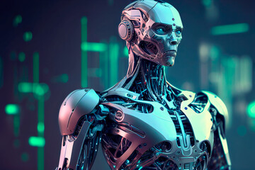 Robot or humanoid cyborg working in futuristic spaceship with blue neons lights. AI generated