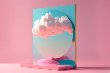 Pink cloud on a mirror. Pink background. Generative AI