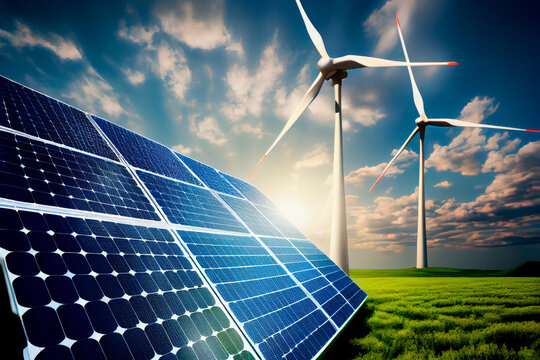renewable energy background with green energy as wind turbines and solar panels. Generative by AI