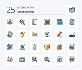 Design Thinking 25 Line Filled icon pack including smart phone. design. layers. message. chat