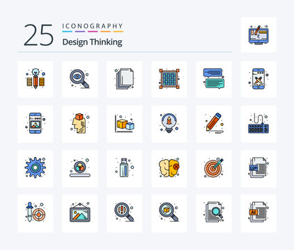 Design Thinking 25 Line Filled icon pack including smart phone. design. layers. message. chat