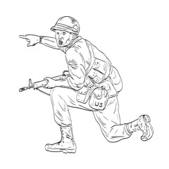 Line art drawing illustration of an American Vietnam War soldier with rifle kneeling pointing forward looking at viewer done in medieval style on isolated background.
