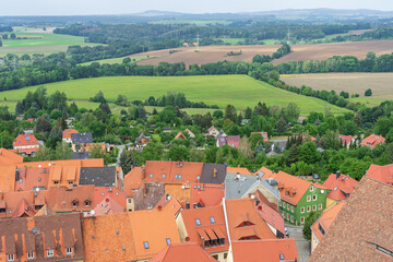 View of the town of Stoplen from the height of the watchtower of a medieval fortress Burg (castle)...
