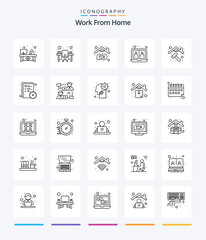 Creative Work From Home 25 OutLine icon pack  Such As communication. web. office desk. online. communication