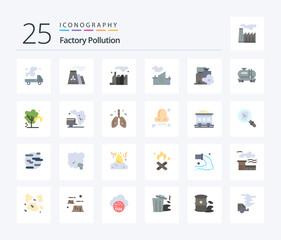 Factory Pollution 25 Flat Color icon pack including tank. pollution. smoke. landscape. factory