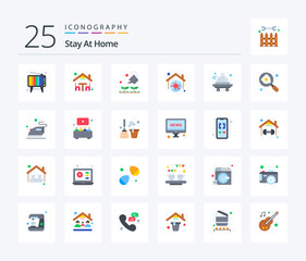 Stay At Home 25 Flat Color icon pack including home. delivery. plant. stay. home