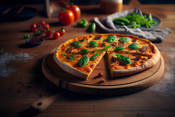 pizza served on wooden board.  Generative AI.