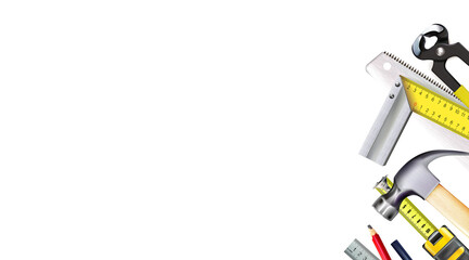 Carpentry, background. Tools of joinery craft or wood processing, composition on wooden workbench backdrop. Woodworking cottage craft and lumber industry. 3d set. Copy-space. png