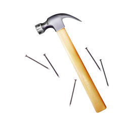 Workbench, hammer and nails. Joinery craft, carpentry background. Tools wood processing, wooden texture backdrop from copy-space. Woodworking tool. Banner top view textured surface. Rustic craft. png