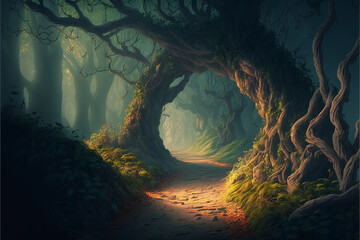 Fototapeta na wymiar illustration of a fantasy forest - Created with generative ai