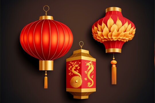 ﻿A pair of red and gold lamps - Generative AI