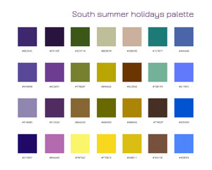 South summer holidays palette. Bright colorful seasonal color trends concept. Multicolor samples with codes. Trend for fashion, home, interior design, textile, linen, patterns. 