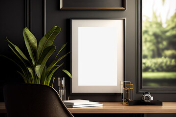 Mockup vertical frame dark green wall study desktop home interior. Generative AI 3D render
