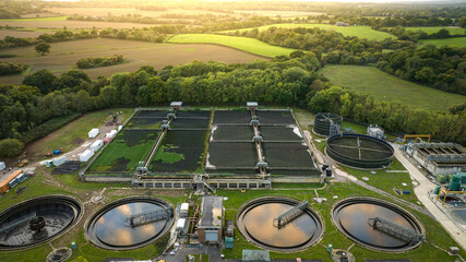 Waste water treatment station in evening sun, Horsham, UK