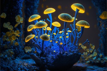 Fototapeta na wymiar Blue and yellow glowing mushrooms in the dark created with generative AI technology. High quality illustration