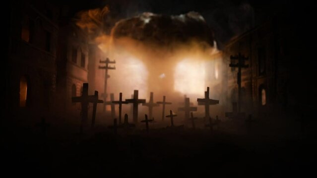 Nuclear war apocalypse concept. Explosion of nuclear bomb in city. Cemetery on ruined city street. Creative artwork decoration in dark. Selective focus