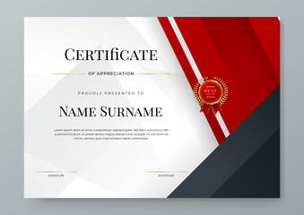 Modern red and black certificate of achievement template in A4 landscape orientation with gold badge and border for award, diploma, achievement, business, honor, elegant, document template