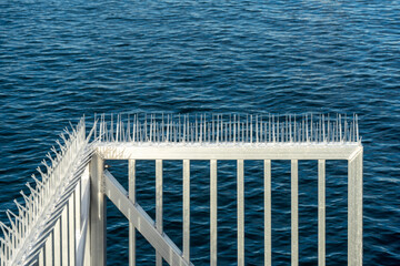 Plastic bird spikes attached to a fence on a pier with ocean background