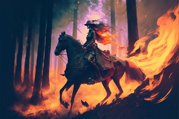 Fototapeta premium Woman warrior riding in a forest, fire, smoke