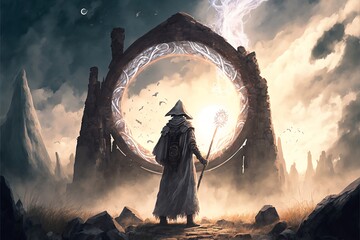 Fototapeta Character in a wizard costume, casting a spell in front of an ancient glowing stone circle obraz