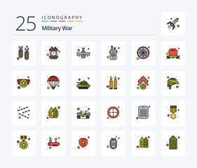 Military War 25 Line Filled icon pack including radar. walkie. aircraft. talkie. communication