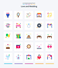 Creative Wedding 25 Flat icon pack  Such As celebrate. music. garland. lunch dinner. love