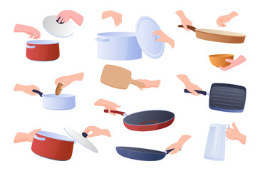 Food cooking kitchen accessories holding by man woman hand set isometric vector illustration