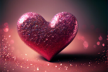 Fototapeta premium Two hearts on pink glitter in shiny bokeh background for valentine. Generative ai illustration