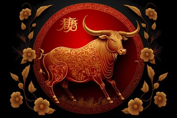 ﻿A red and gold sign with a bull and flowers - Generative AI