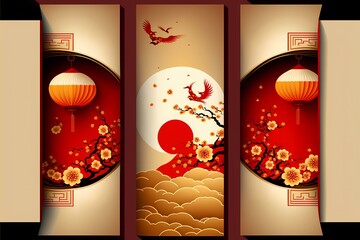 ﻿A collage of photos of a red and white lantern - Generative AI