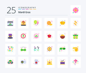 Mardi Gras 25 Flat Color icon pack including calligraphy. king. balloons. empire. orange
