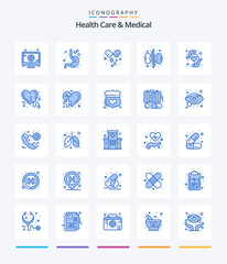 Creative Health Care And Medical 25 Blue icon pack  Such As care. heart health. tablet. health insurance. kidneys