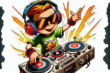 kid dj with headphones and sunglasses cartoon,generative ai